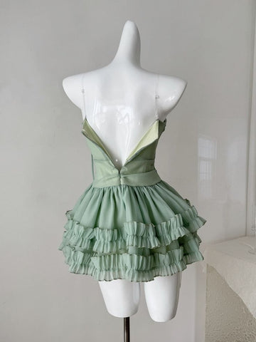 Flowy A Line Strapless Layered Green Chiffon Short Homecoming Dress Cocktail Dress HZ1023